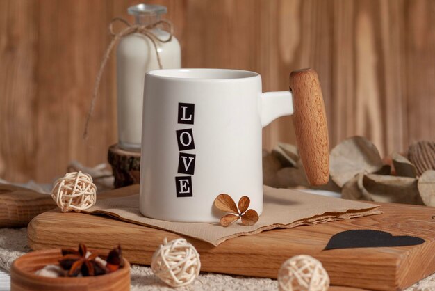 Tasse blanche avec thé ou café sur table en bois