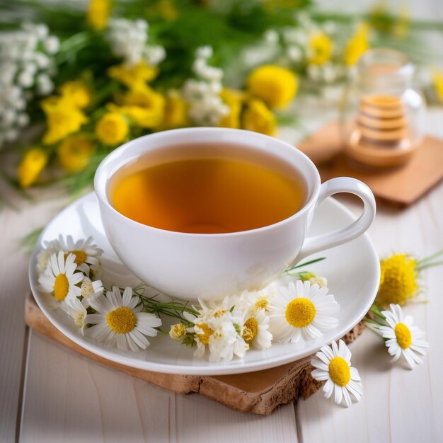 Photo une tasse blanche de thé d'herbe de camomille naturel et sain avec des fleurs fraîches ia générative