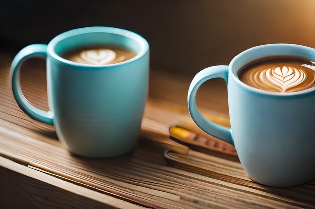 une tasse bleue de café avec une cuillère sur une table.