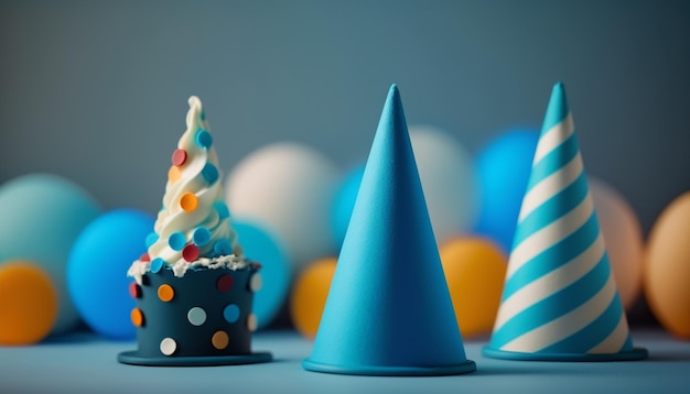 Une tasse bleue avec un cône dessus est à côté d'un gâteau.