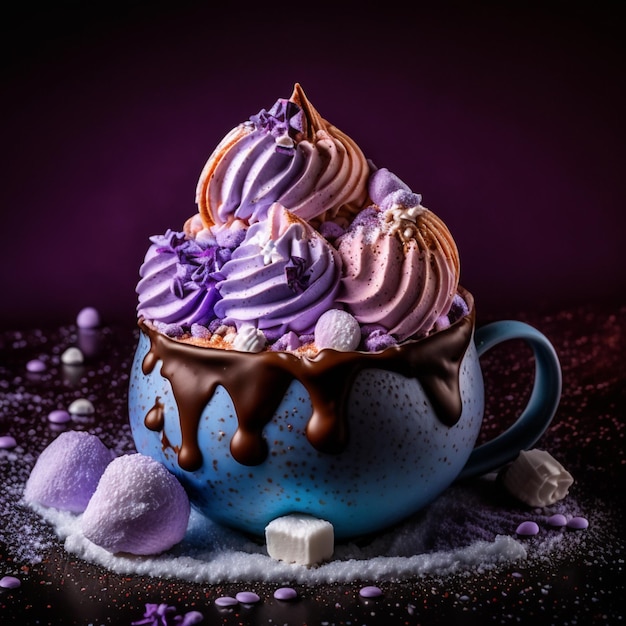 Une tasse bleue avec de la crème glacée violette et violette et des guimauves violettes sur le dessus