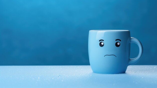 Une tasse bleue déçue avec un emoji triste sur un fond bleu, une bannière bleue du lundi.