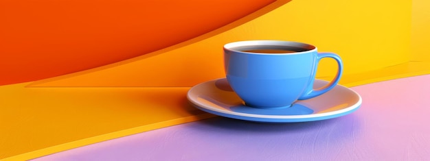 Une tasse bleue de délicieux café noir sur un fond orange vif et jaune Concept à la mode minimal avec chaos d'espace de copie 10 ar 83 sref httpssmjrunGb_WHBevsWU ID d'emploi e11d6939345442e49e87449e80da0e7a