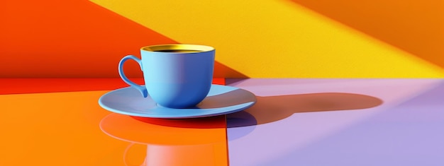 Une tasse bleue de délicieux café noir sur un fond orange vif et jaune Concept à la mode minimal avec chaos d'espace de copie 10 ar 83 sref httpssmjrunGb_WHBevsWU ID d'emploi e11d6939345442e49e87449e80da0e7a