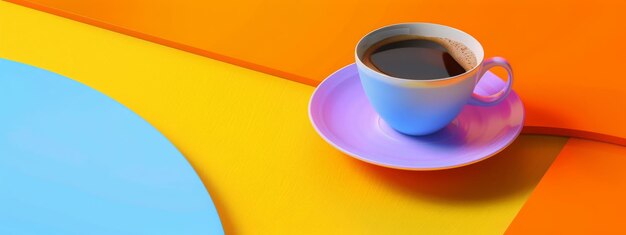 Une tasse bleue de délicieux café noir sur un fond orange vif et jaune Concept à la mode minimal avec chaos d'espace de copie 10 ar 83 sref httpssmjrunGb_WHBevsWU ID d'emploi e11d6939345442e49e87449e80da0e7a