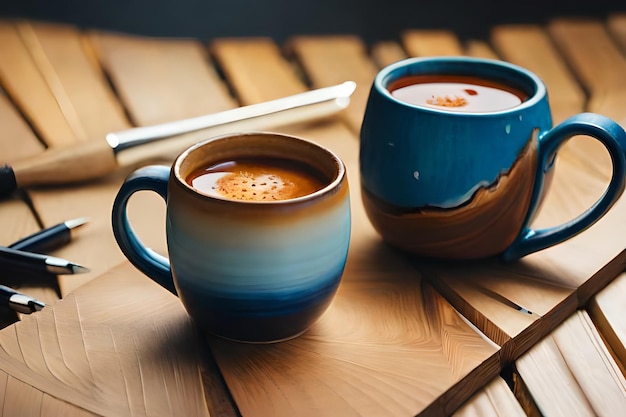 une tasse bleue avec un dessin brun dessus