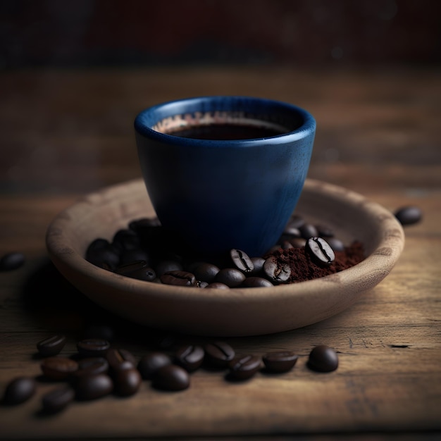 Photo une tasse bleue avec des grains de café et des grains de café sur une assiette.