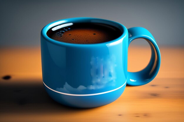 Une tasse bleue avec une ligne blanche qui dit "café" dessus.