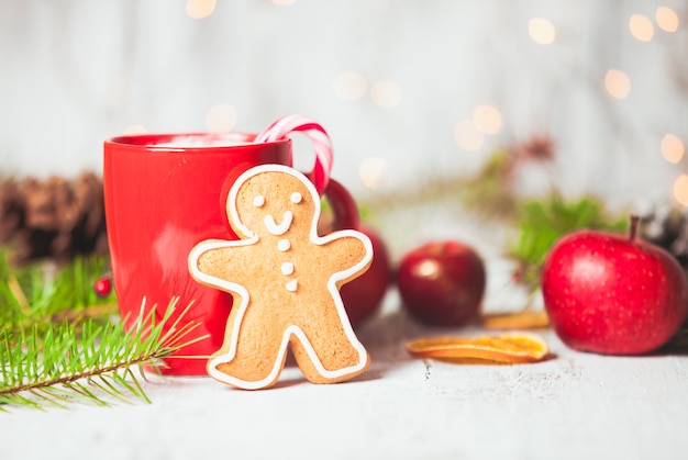 Tasse de boisson chaude de cacao avec le biscuit de sucrerie et de gingerman