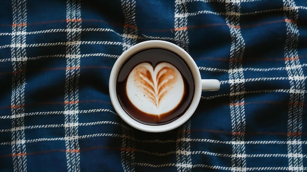 Une tasse de boisson chaude en carreaux sur le drap.