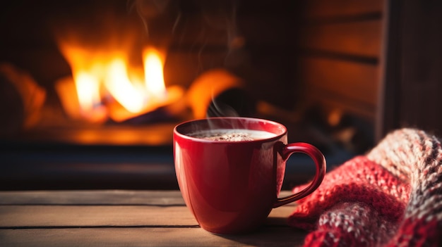 Photo une tasse de boisson chaude devant la cheminée chaude concept de noël de vacances une tasse dans un gant tricoté rouge