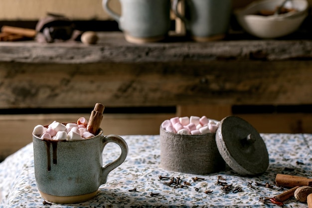 Tasse de boisson chaude d'hiver au chocolat épicé