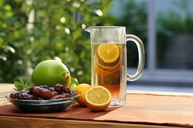 Une tasse de boisson près d'une cruche avec des plantes et des fruits secs