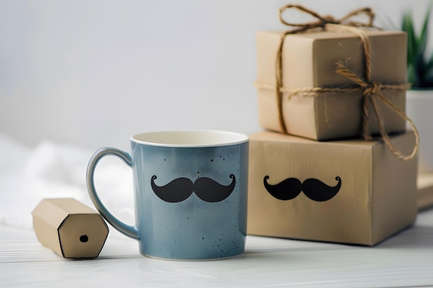 Une tasse et une boîte cadeau sur le thème de la moustache matinale