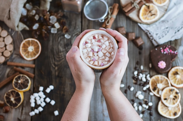 Tasse de cacao dans les mains féminines