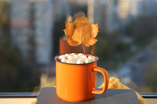 une tasse de cacao avec des guimauves sur le rebord de la fenêtre en automne