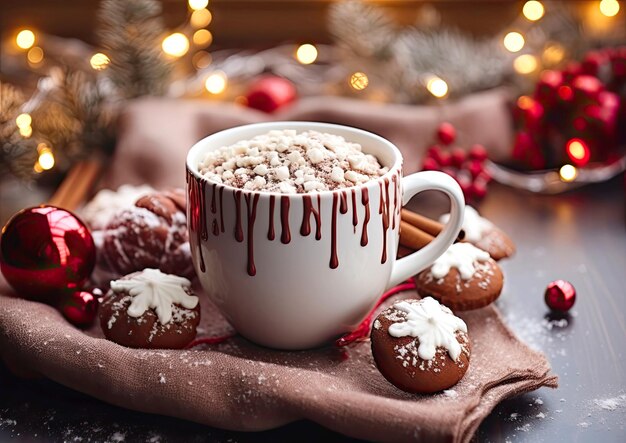 Une tasse de cacao avec des marshmallows sur une table de Noël sur un fond gris Carte de Noël confortable