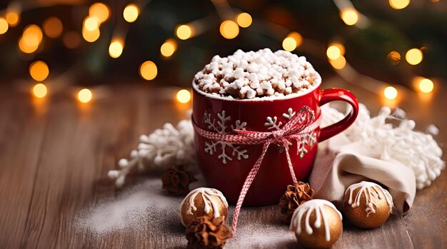 Une tasse de cacao avec des marshmallows sur une table de Noël sur un fond sombre bannière web de Noël confortable