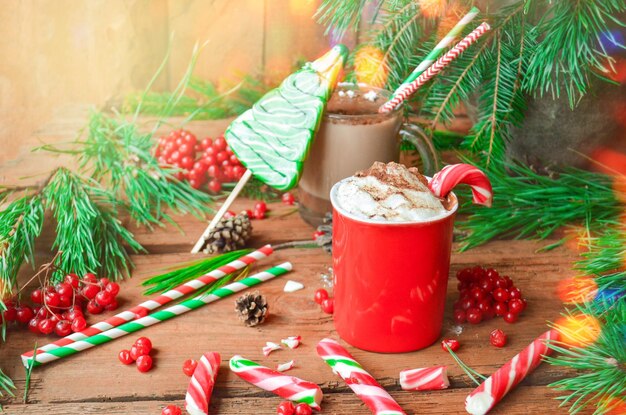 Tasse de cacao savoureux sur fond flou Chocolat chaud avec des bonbons à la menthe poivrée