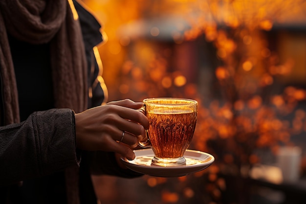 tasse de café aromatique à la main sur fond de forêt d'automne saison confortable