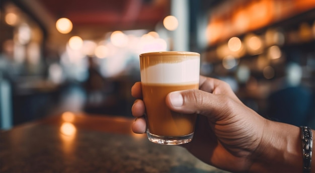 Une tasse de café avec un arrière-plan flou