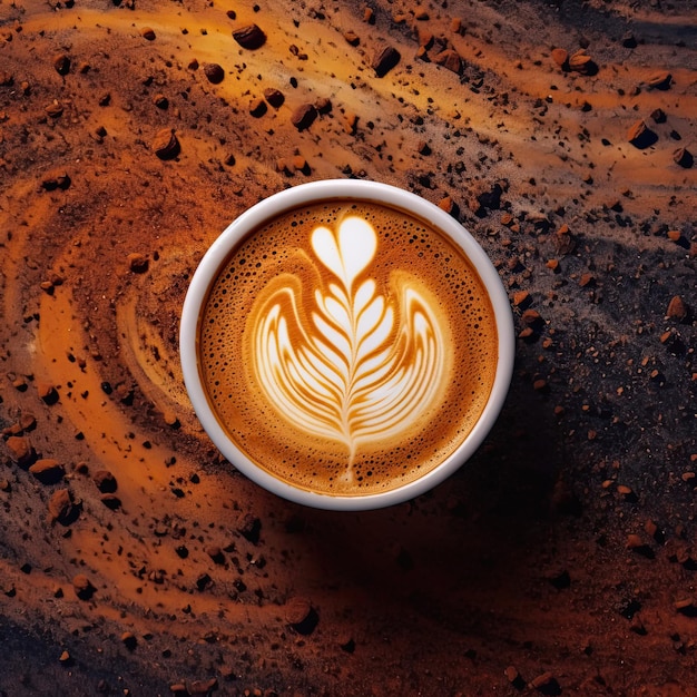 Tasse de café avec art latte sur fond de grains de café