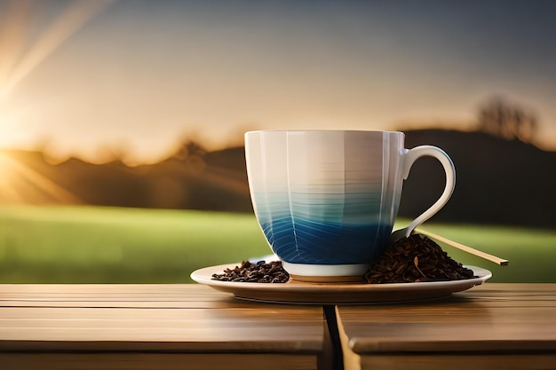 une tasse de café et une assiette de café sur une table