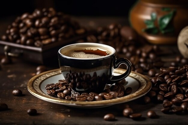 Tasse à café sur une assiette avec des grains de café en arrière-plan
