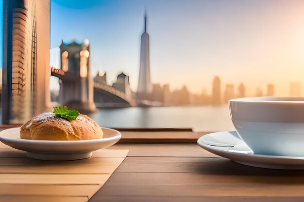 Une tasse de café et une assiette de nourriture sur une table avec une tasse de café.