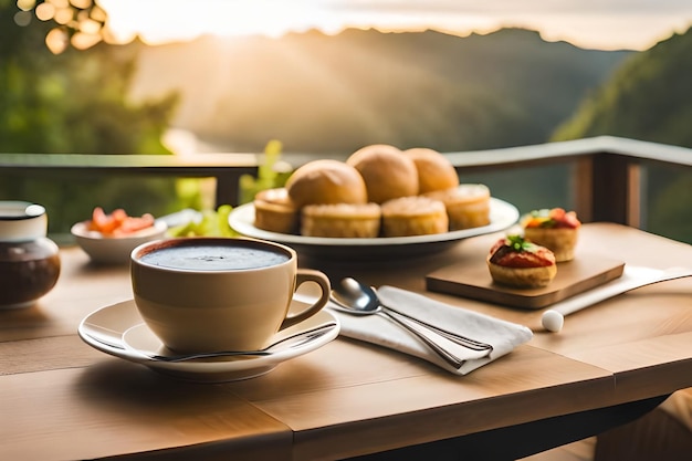 Une tasse de café et une assiette de pâtisseries sur une table