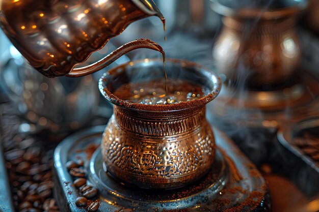 Une tasse de café sur une assiette avec des pierres et de l'eau en arrière-plan et quelques pierres sur le