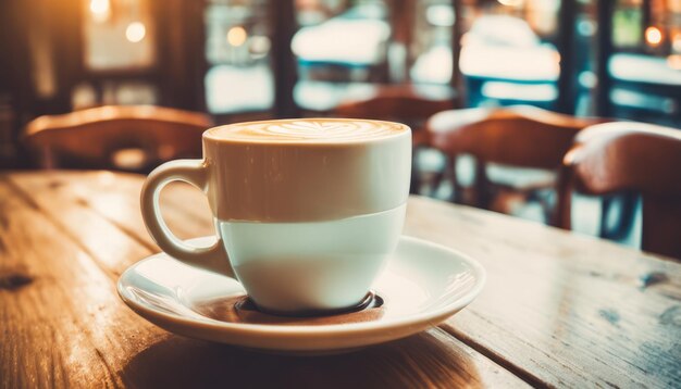 Une tasse de café sur une assiette sur une table en bois