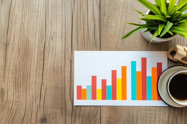 Photo une tasse de café assise à côté d'un papier affichant un tableau à barres illustrant des données et des statistiques un graphique à barres du roi trimestriel pour les investisseurs en démarrage