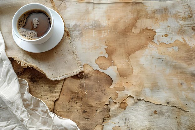 Une tasse de café assise sur un morceau de papier