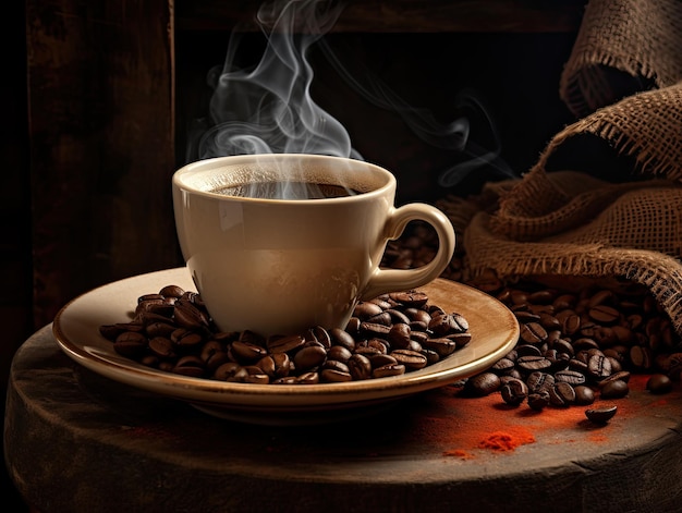 Une tasse de café assise sur une soucoupe avec des grains de café