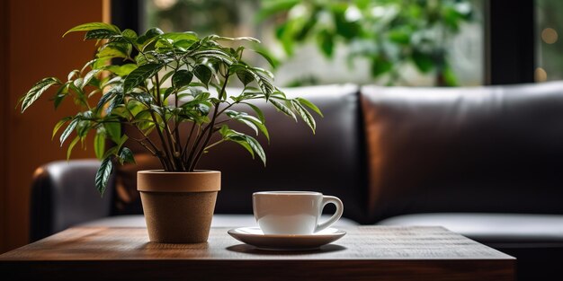 Une tasse de café assise sur une table en bois à côté d'un canapé et une plante en pot au sommet d'une table en bois