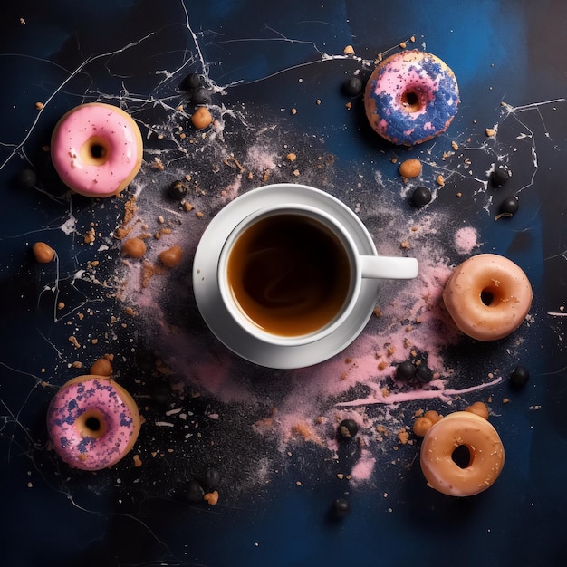 Une tasse de café au centre et des beignets en glaçure caramel rose et bleu vue d'en haut