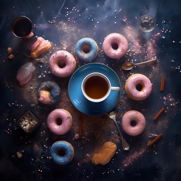 Une tasse de café au centre et des beignets en glaçure caramel rose et bleu vue d'en haut