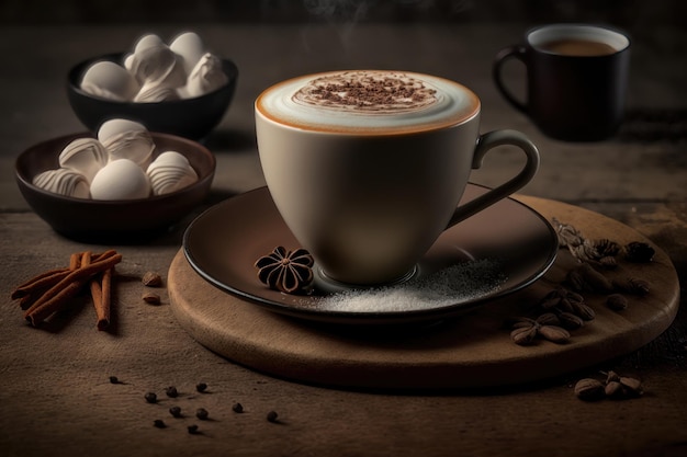 Tasse de café au lait sur fond sombreCappuccino préparé avec du lait sur une table en bois généré par l'IA