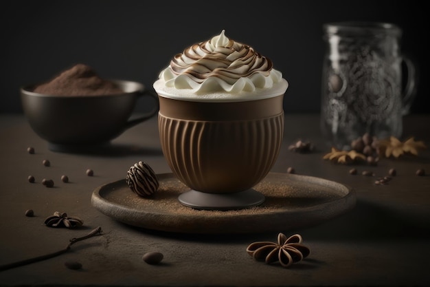 Tasse de café au lait sur fond sombreCappuccino préparé avec du lait sur une table en bois généré par l'IA