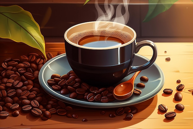 Tasse de café au lait avec forme de coeur et grains de café sur fond de bois ancien