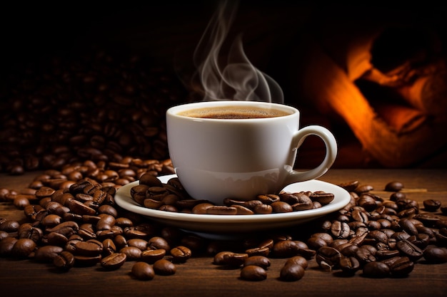 Tasse de café au lait avec forme de coeur et grains de café sur fond de bois ancien