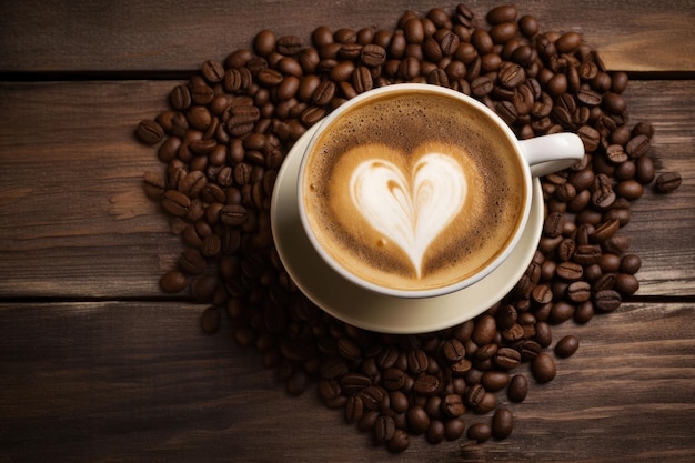 Tasse de café au lait avec des grains de café en forme de coeur sur fond de bois ancien ai générative