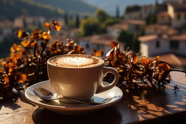 Une tasse de café au petit-déjeuner se tient sur une table sur la terrasse sur le fond de la nature