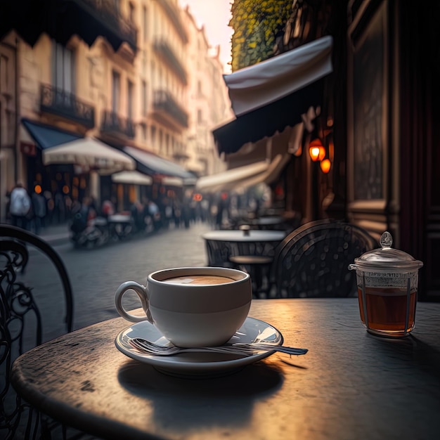 Une tasse de café sur le balcon supérieur avec fond de rue flou avec espace de copie