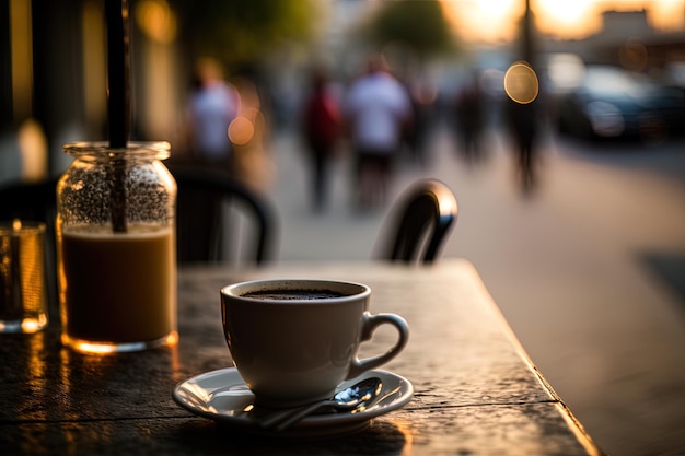 Une tasse de café sur le balcon supérieur avec fond de rue flou avec espace de copie