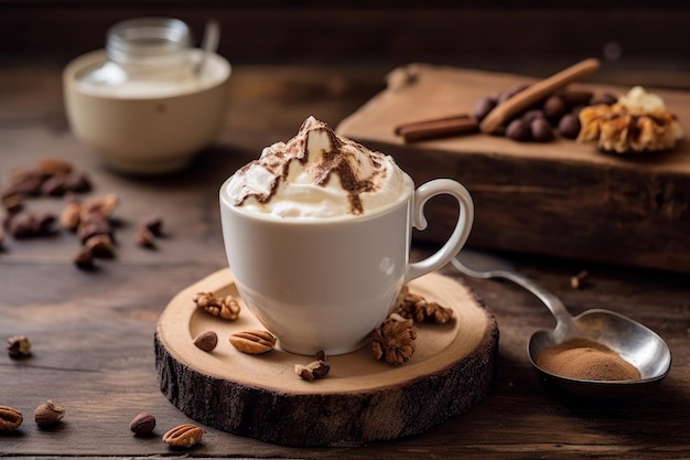 Une tasse de café avec un bâton de cannelle dessus.