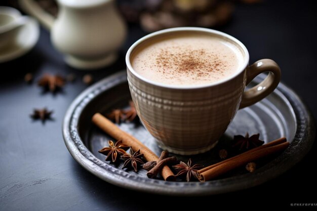 une tasse de café avec des bâtons de cannelle sur une assiette avec une tasse de café et des bâtons de cannelle dessus.