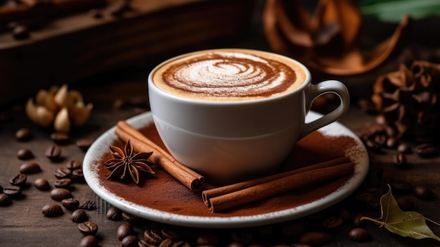 Une tasse de café avec des bâtons de cannelle sur une assiette