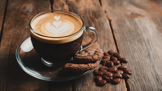 Une tasse de café et des biscuits au chocolat.